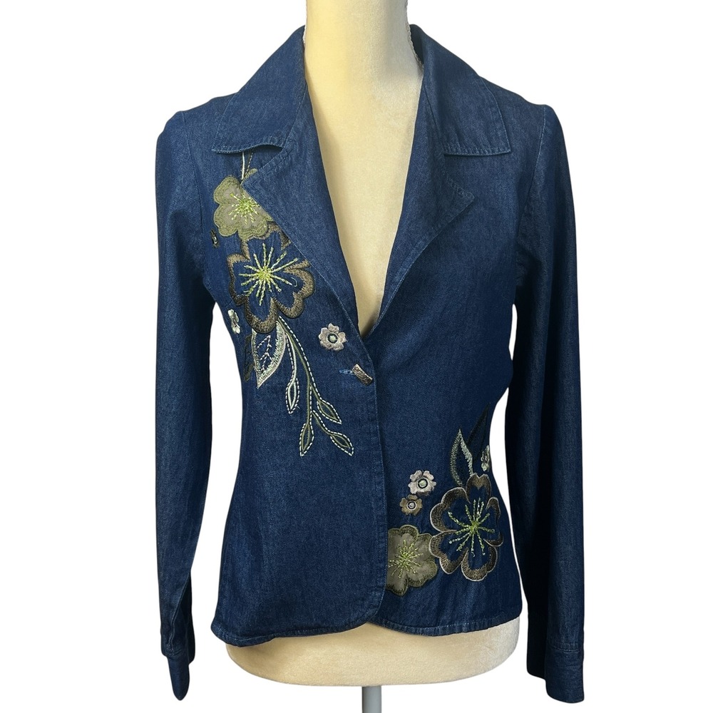 Tantrums Women's‎ PS Blue Denim Floral Embroidered Beaded Blazer Jacket Cotton